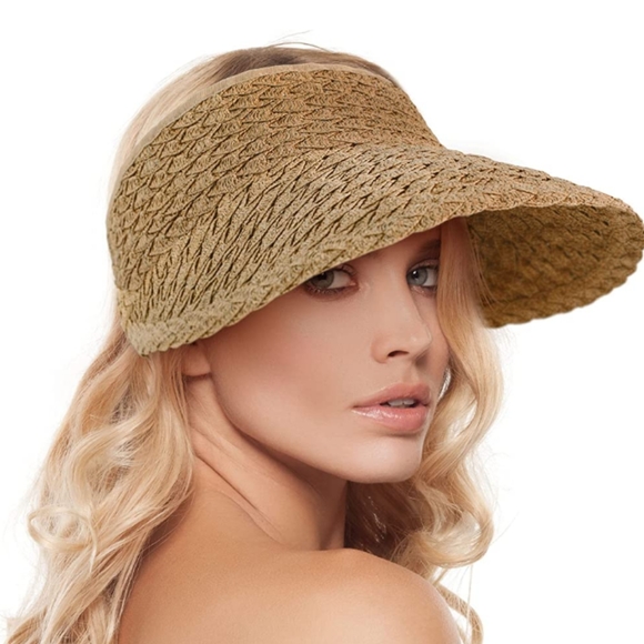 Umbo Collections Wide Brim Straw Sun Boho Style with Decorative Band Hat - Cream